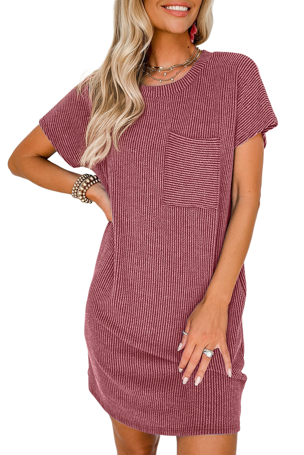 Striped Ribbed Knit Pocket T-Shirt Dress for Women