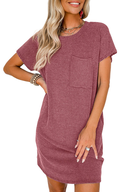 Striped Ribbed Knit Pocket T-Shirt Dress for Women