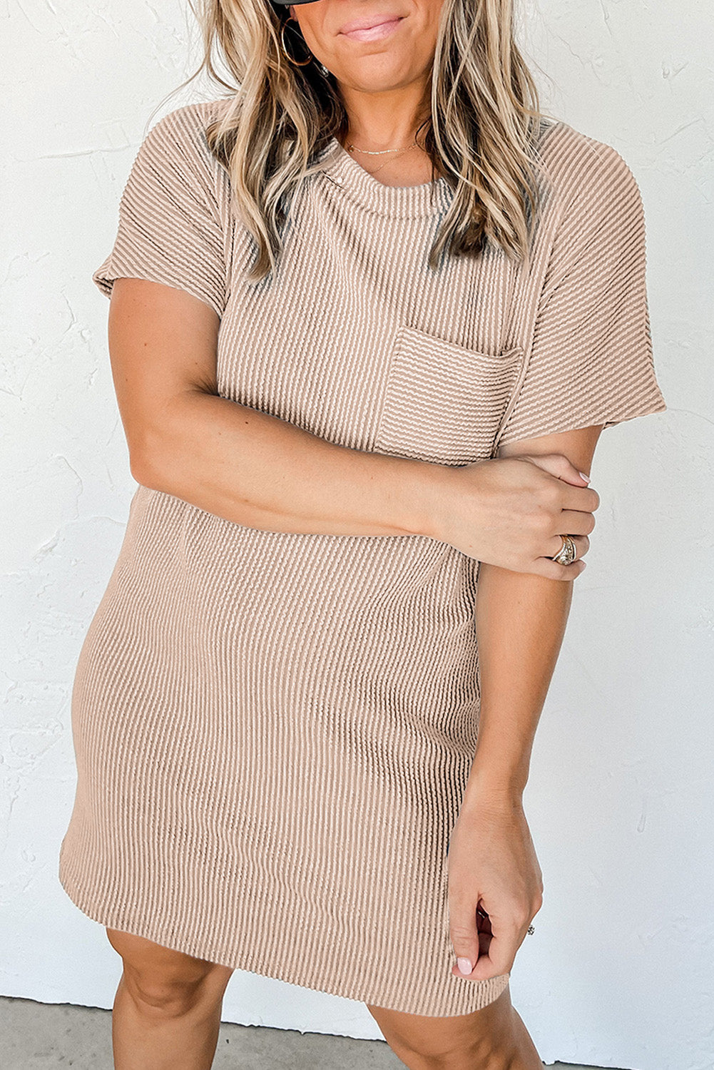Striped Ribbed Knit Pocket T-Shirt Dress for Women