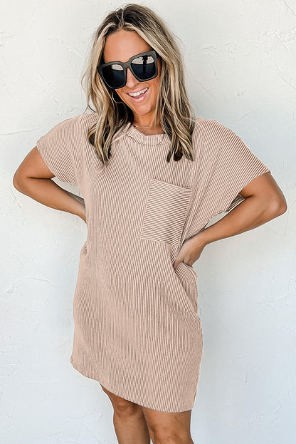 Striped Ribbed Knit Pocket T-Shirt Dress for Women