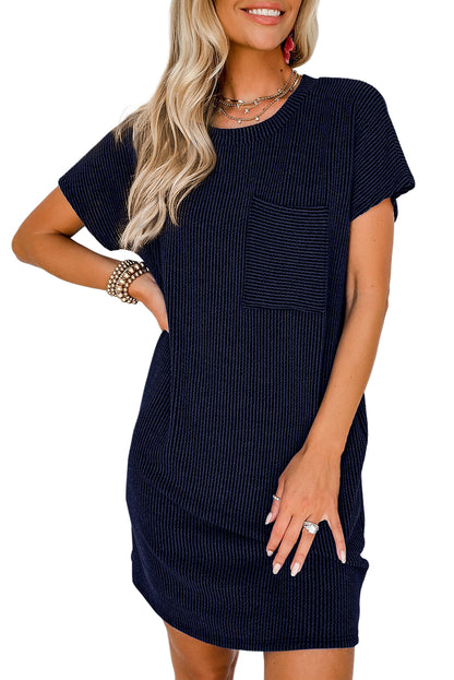 Striped Ribbed Knit Pocket T-Shirt Dress for Women
