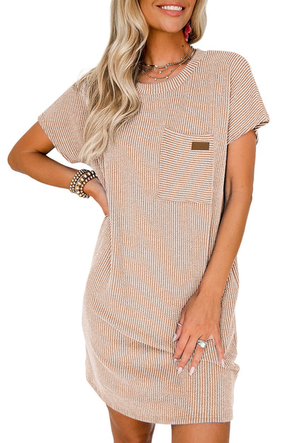 Striped Ribbed Knit Pocket T-Shirt Dress for Women
