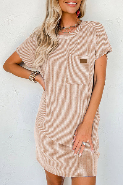 Striped Ribbed Knit Pocket T-Shirt Dress for Women