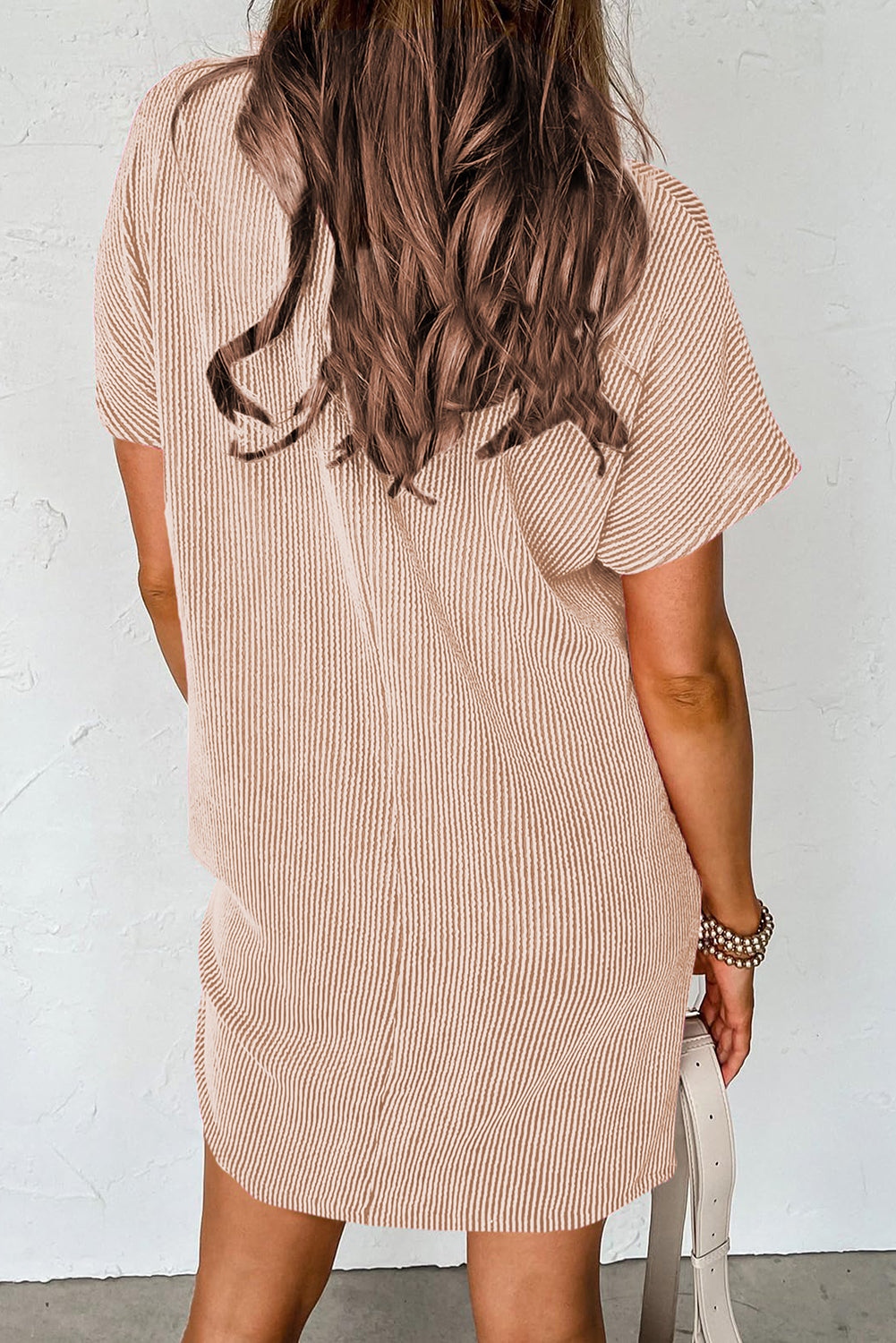 Striped Ribbed Knit Pocket T-Shirt Dress for Women