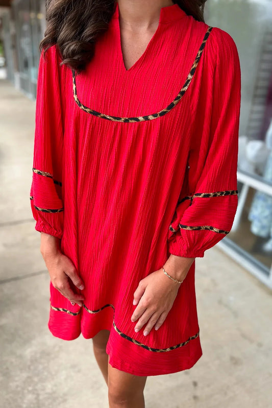 Black Textured V Neck Leopard Trim Shift Mini Dress