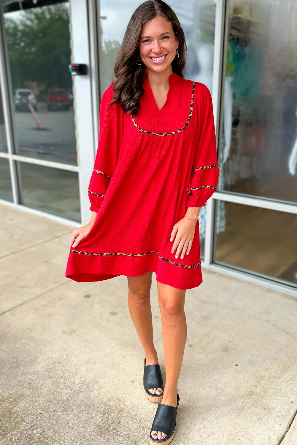 Black Textured V Neck Leopard Trim Shift Mini Dress
