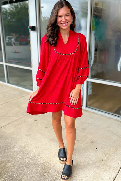 Black Textured V Neck Leopard Trim Shift Mini Dress