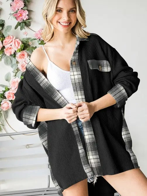 Women’s Plaid Patchwork Shacket Thermal Knit Waffle Design