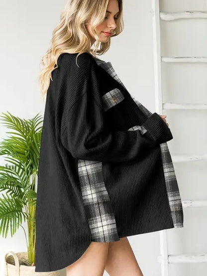 Women’s Plaid Patchwork Shacket Thermal Knit Waffle Design