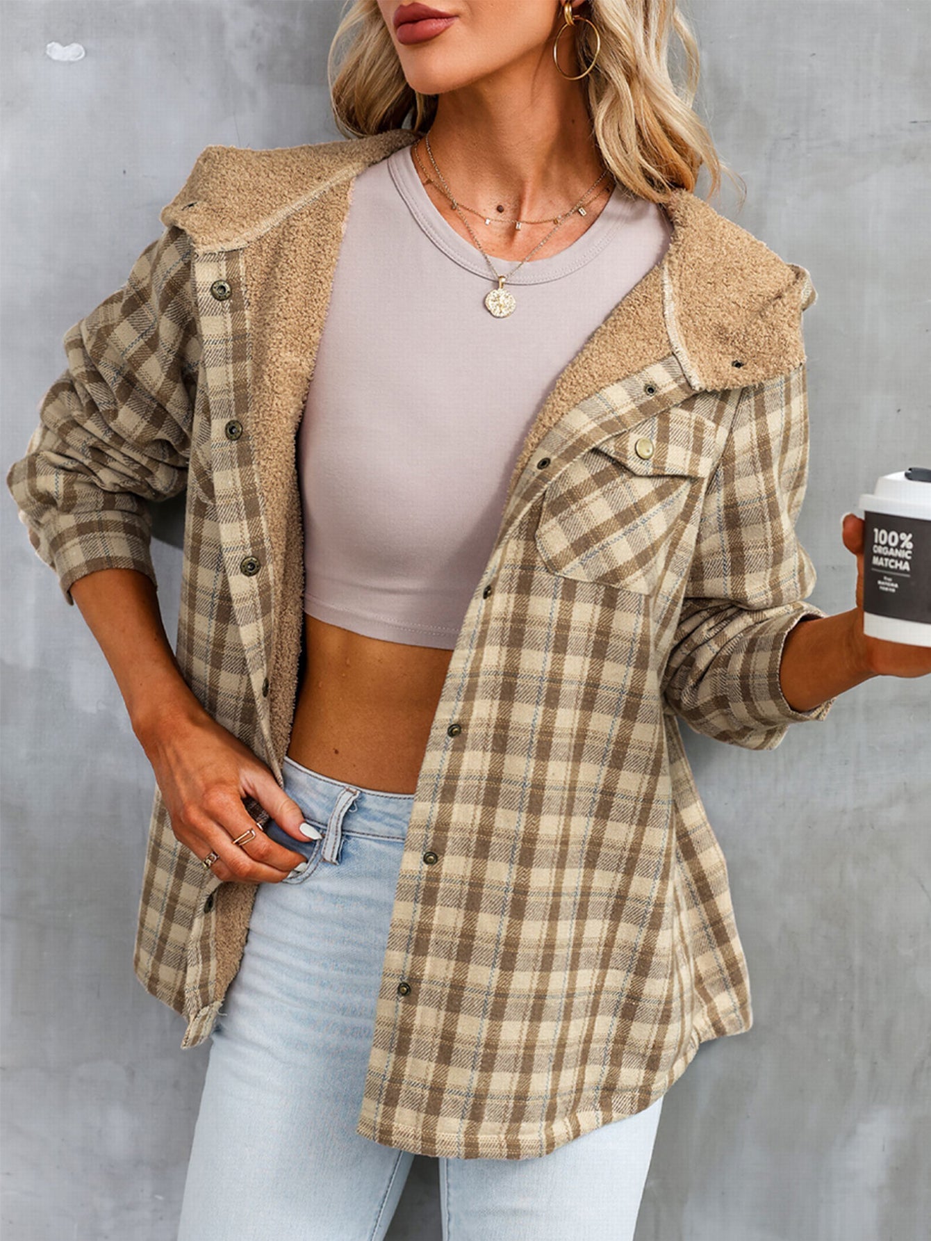 Plaid Sherpa Lined Hooded Shacket – Cozy & Stylish