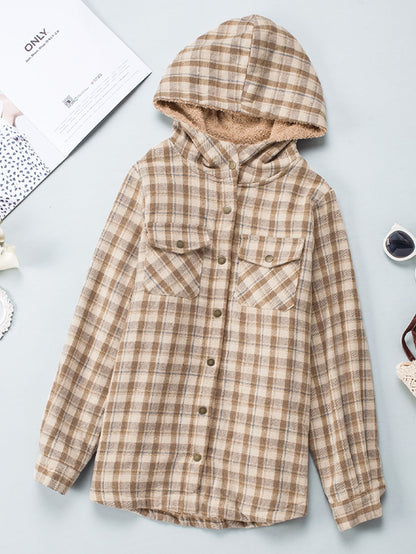 Plaid Sherpa Lined Hooded Shacket – Cozy & Stylish