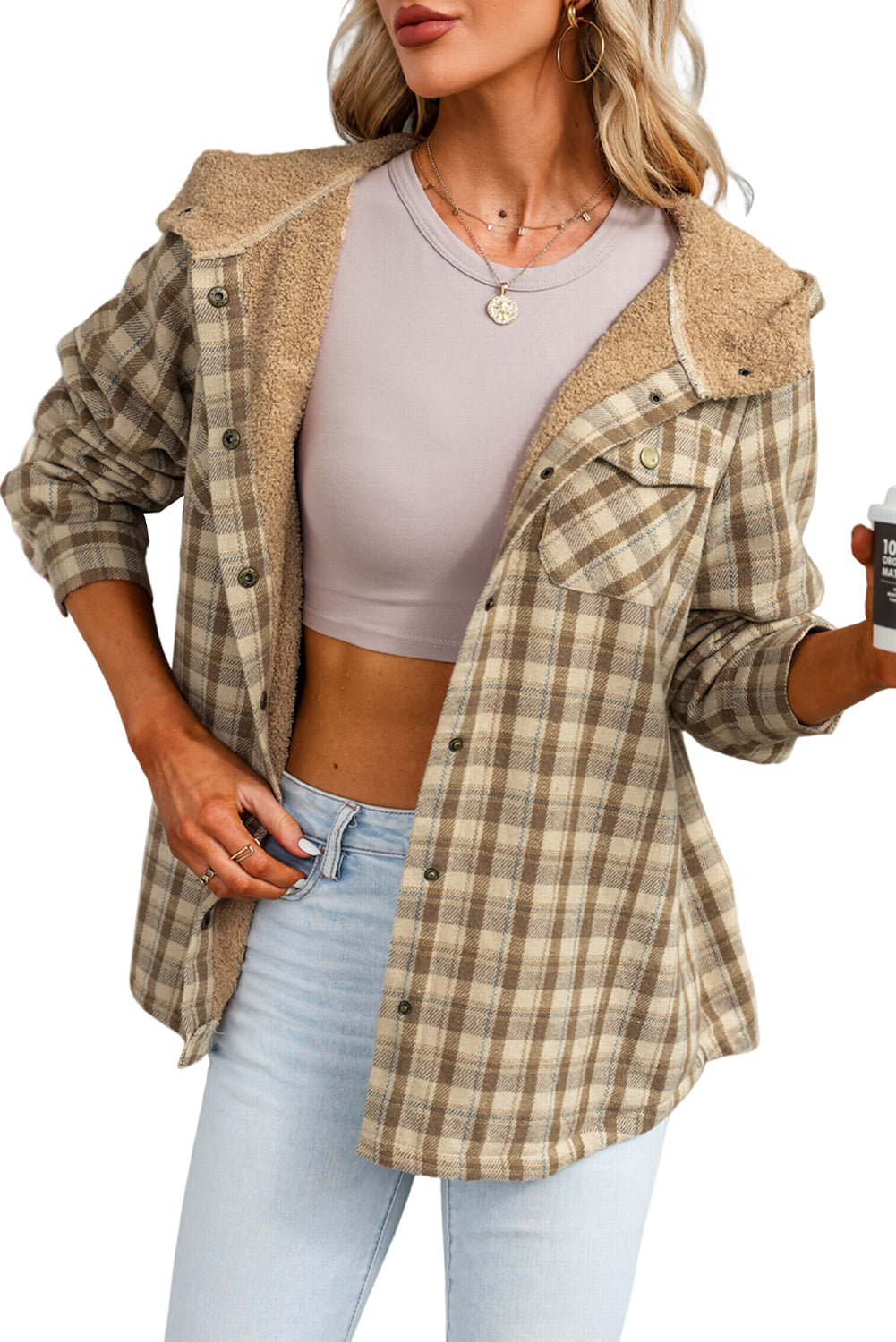 Plaid Sherpa Lined Hooded Shacket – Cozy & Stylish