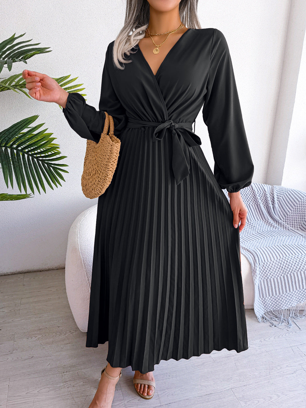 V-Neck Wrap Pleated Maxi Dress Long Sleeve Tie Waist