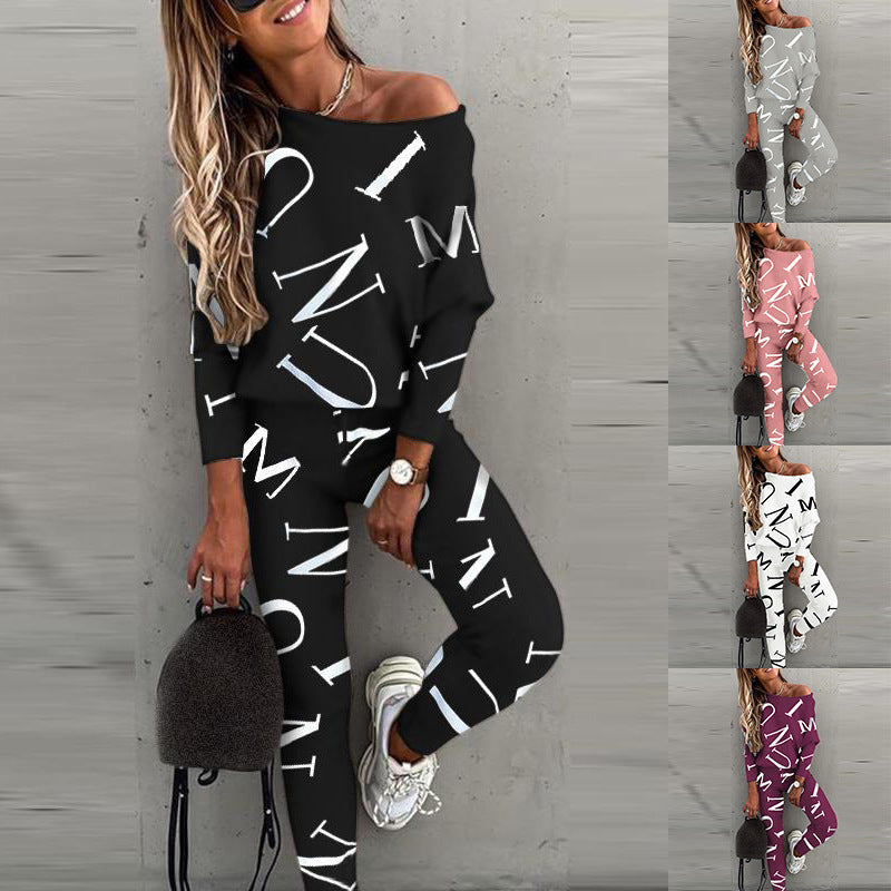 Women Off Shoulder Letter Print Lounge Set Two Piece