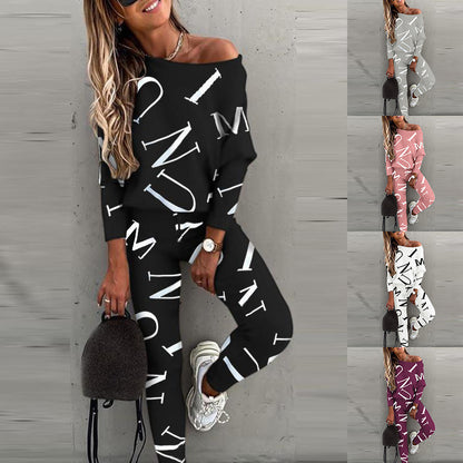 Women Off Shoulder Letter Print Lounge Set Two Piece
