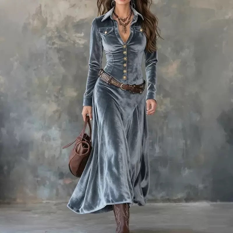 Velvet Western Maxi Shirt Dress Button Front Long Sleeve