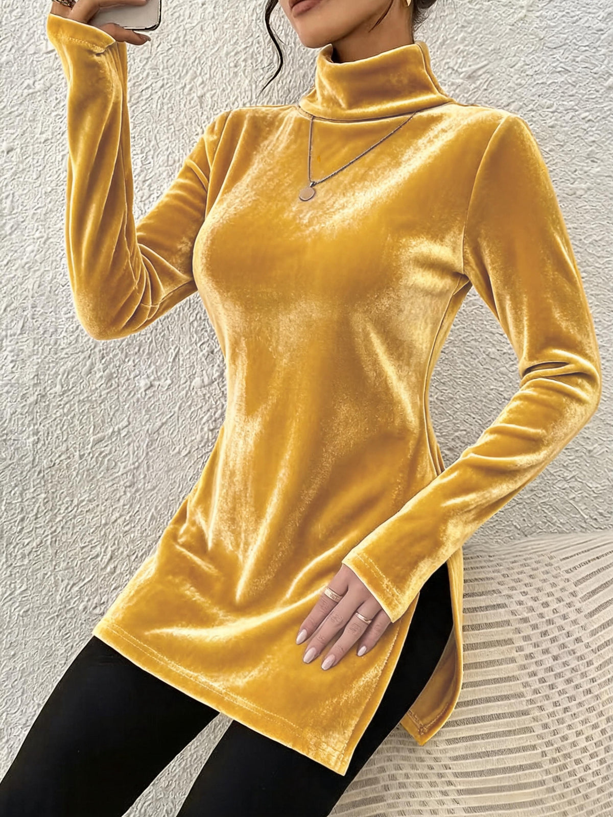 Women's Velvet Turtleneck Long Sleeve Side Slit Top