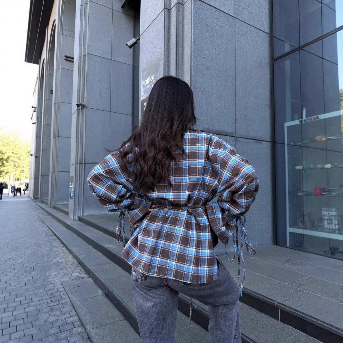Oversized Plaid Tie Waist Long Sleeve Shirt Women