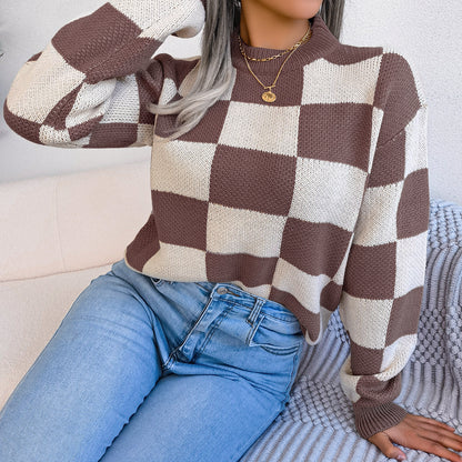 2025 Fall/Winter Colorblock Checkered Knit Sweater - Street Style