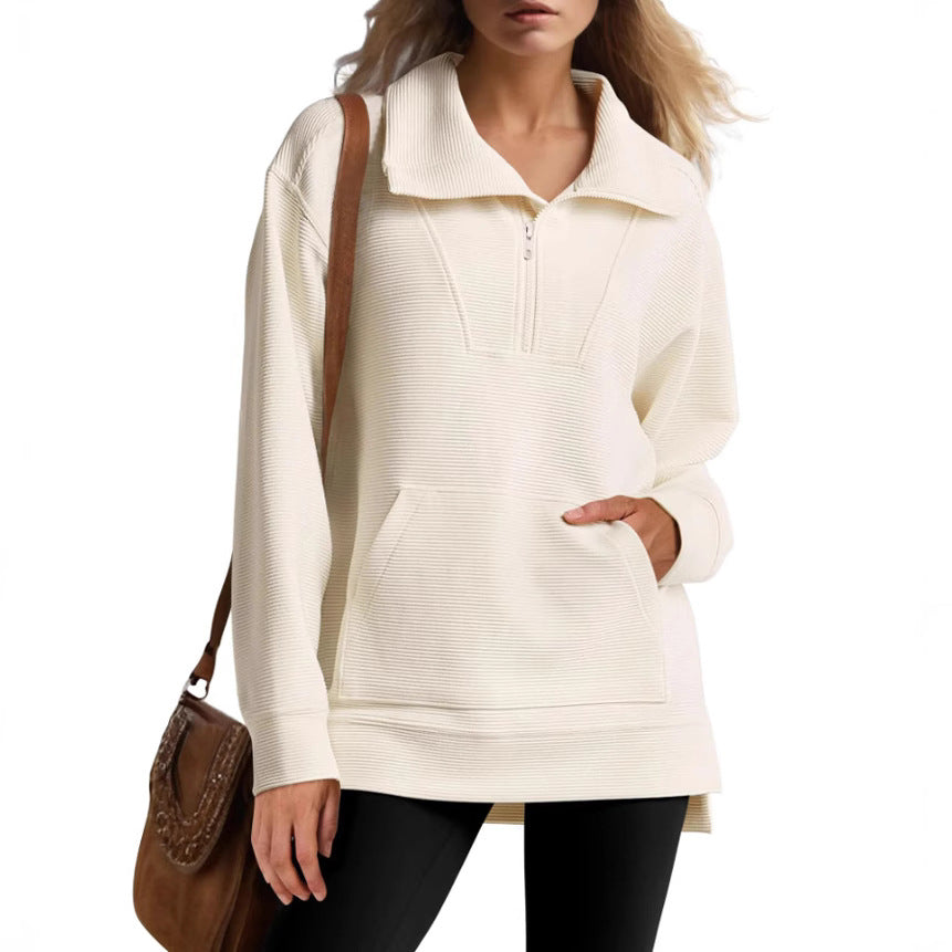 Women's Oversized Half Zip Collar Sweatshirt Asymmetric Hem