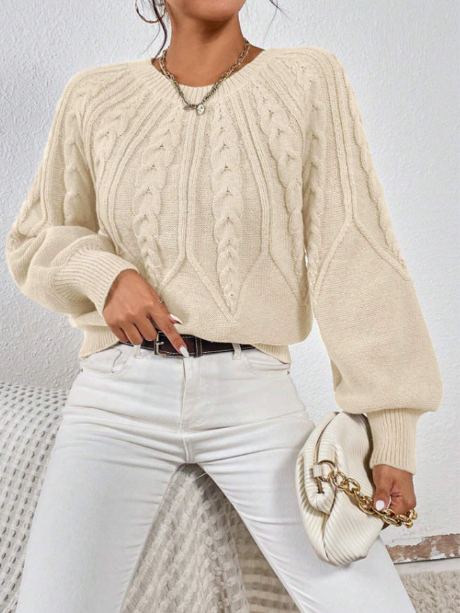 Women's Cable Knit Balloon Sleeve Crew Neck Sweater