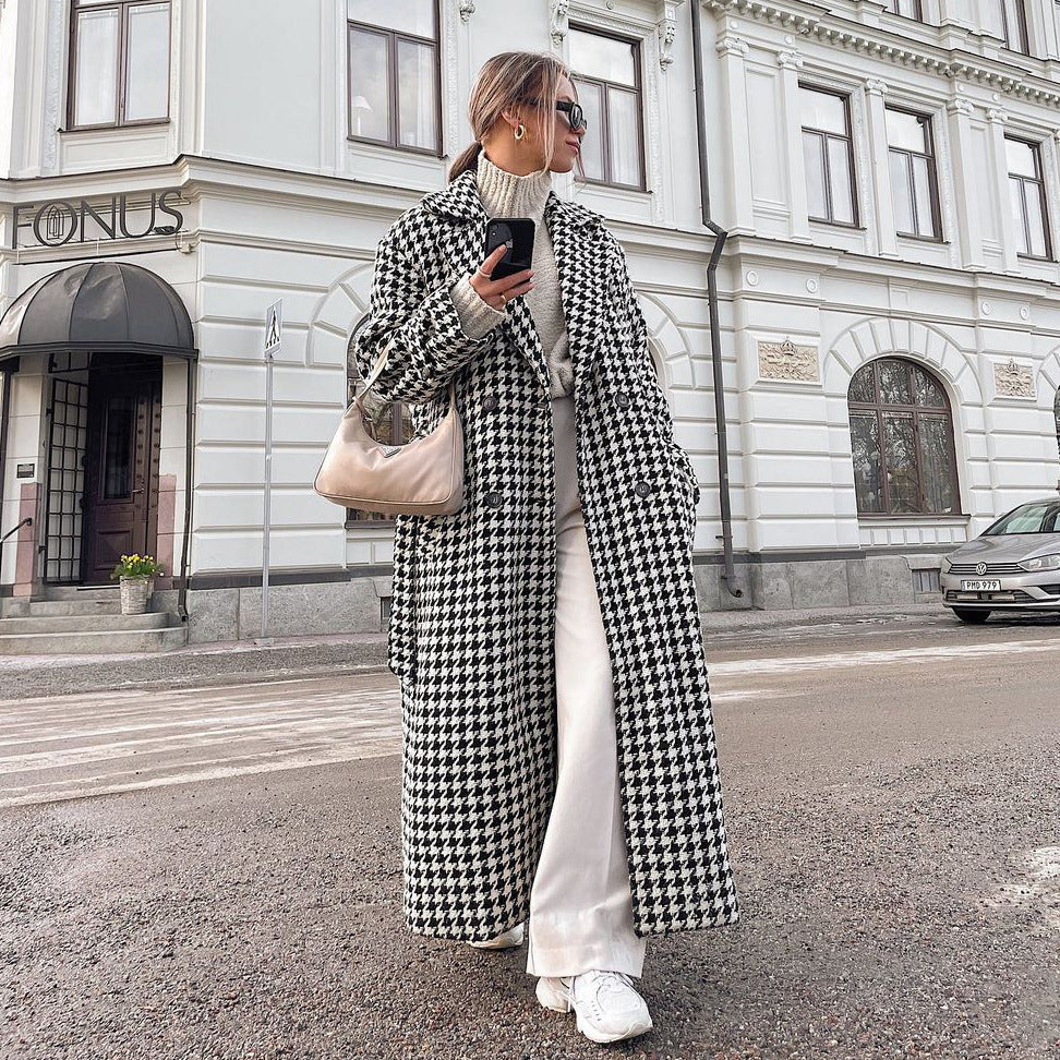 Women's Houndstooth Maxi Winter Coat Double Breasted Belted
