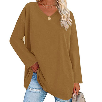 Women's Oversized V-Neck Long Sleeve Loose Fit T-Shirt