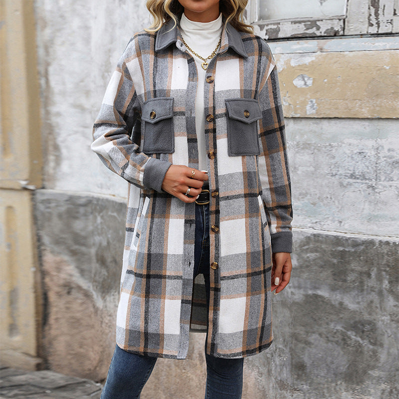 Plaid Shirt Jacket for Women - Long Button Front Coat