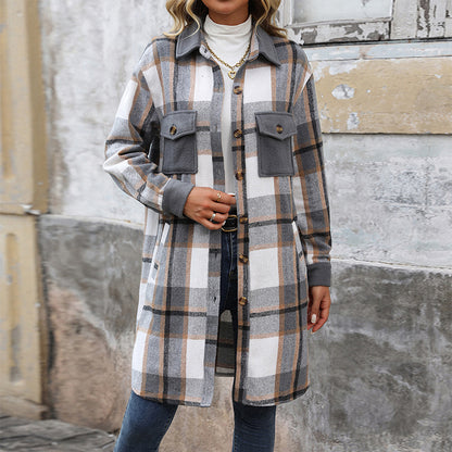 Plaid Shirt Jacket for Women - Long Button Front Coat