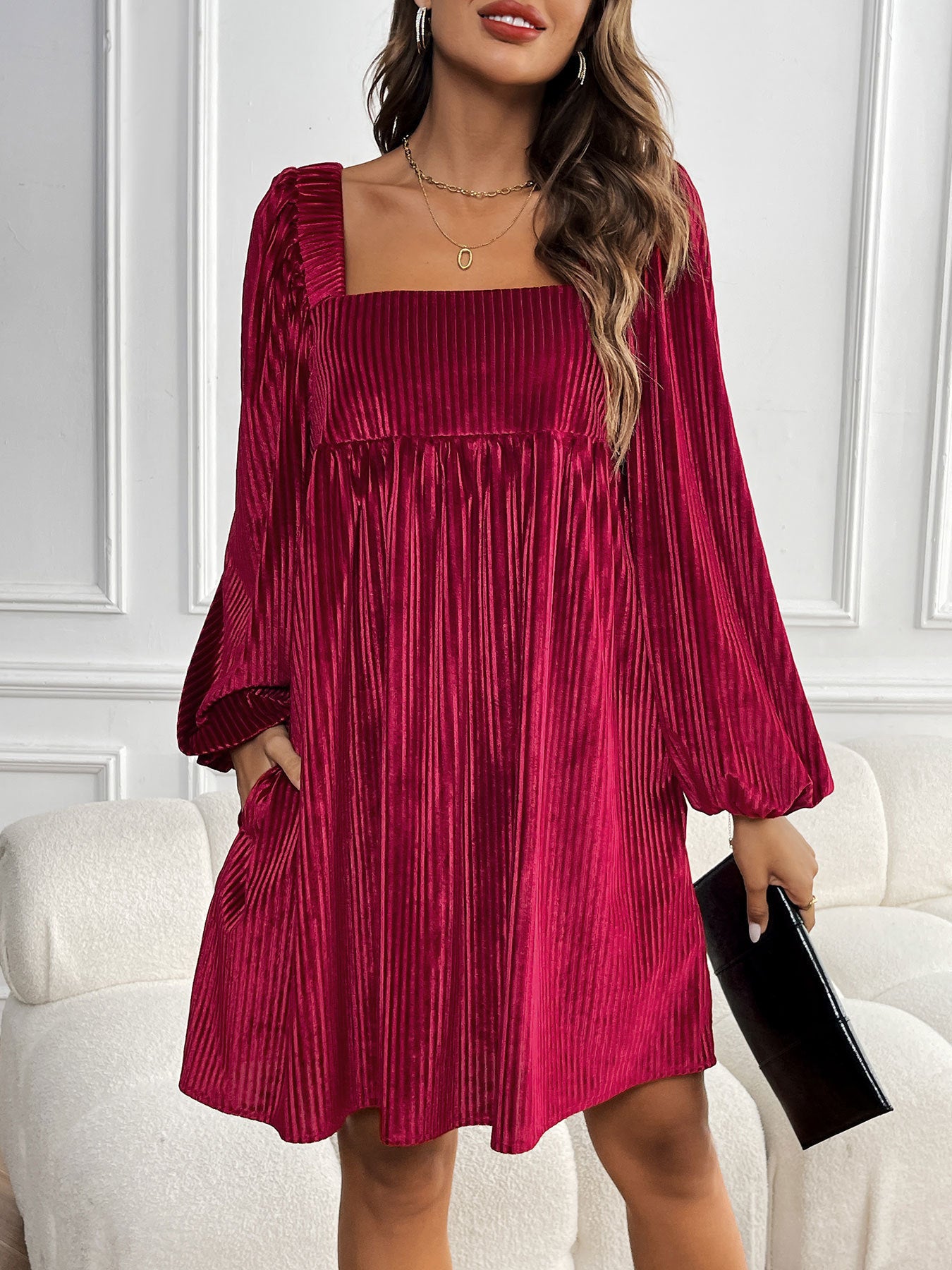 Velvet Babydoll Mini Dress Square Neck Holiday Party Dress