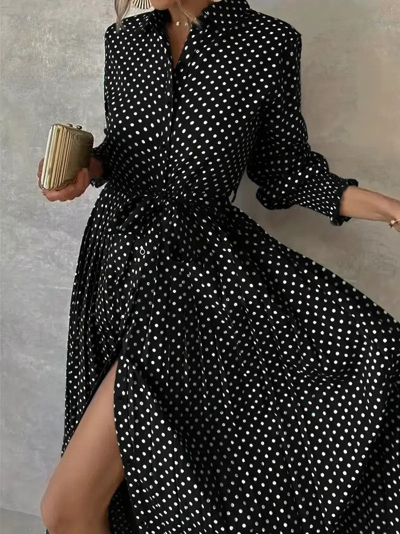 Polka Dot Maxi Dress Long Sleeve Collared Button Pleated