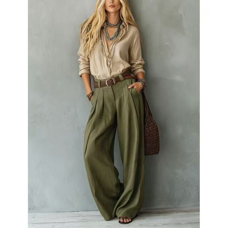 Women's Two Piece Button Down Shirt & Wide Leg Pants Set