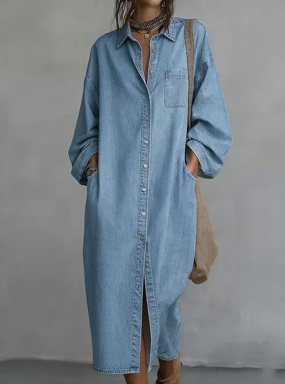 Oversized Denim Shirt Dress Button Front Midi