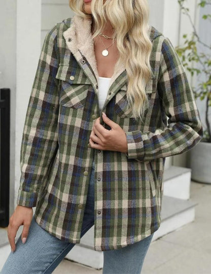 Women's Plaid Fleece Hooded Shacket with Pockets