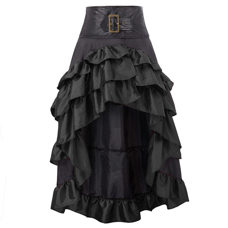Steampunk Victorian Hi-Lo Ruffle Skirt Faux Leather Buckle