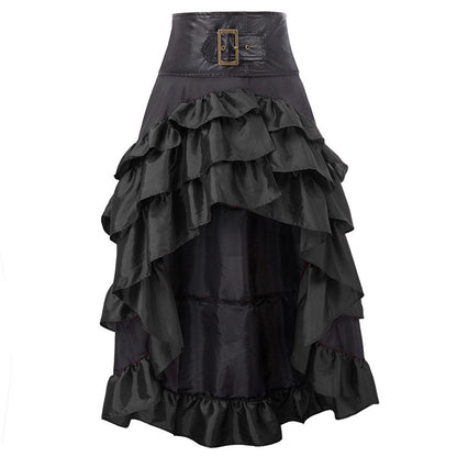 Steampunk Victorian Hi-Lo Ruffle Skirt Faux Leather Buckle