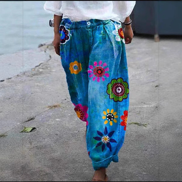 Women's Embroidered Denim Harem Pants Boho Floral Jeans
