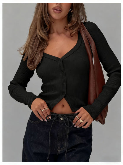 Sexy Ribbed V-Neck Crop Cardigan Button Front Long Sleeve
