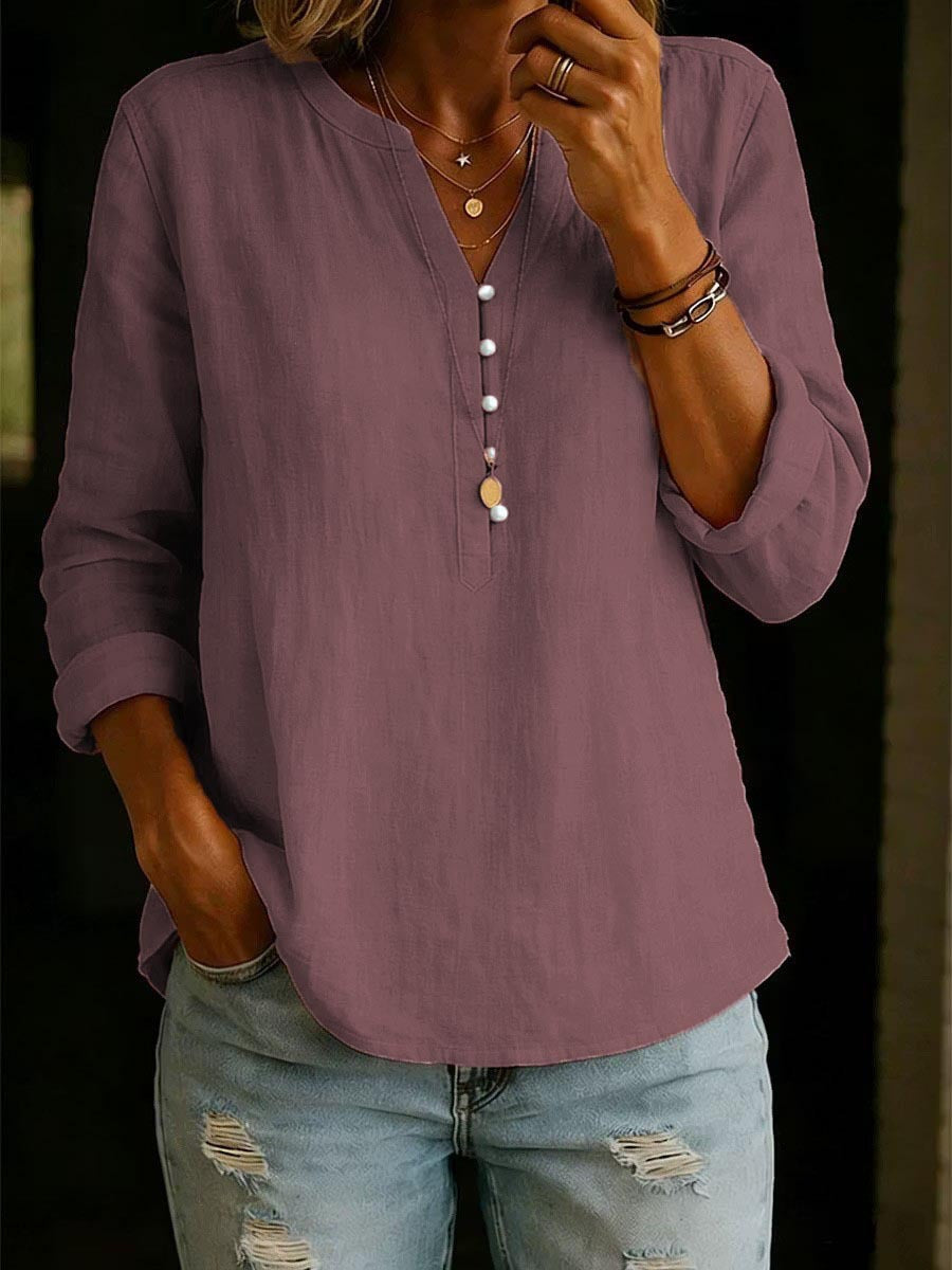 Women's V Neck Long Sleeve Button Cotton Linen Blouse