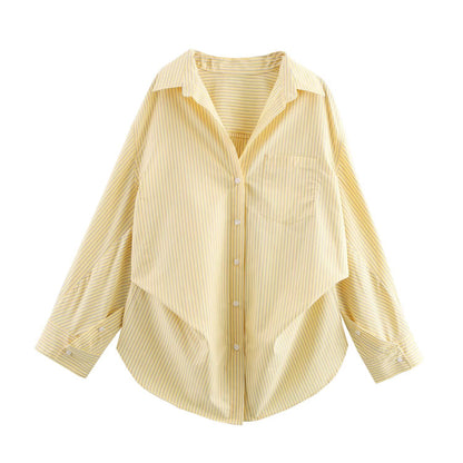 Oversized Striped Collared Shirt Long Sleeve Pocket