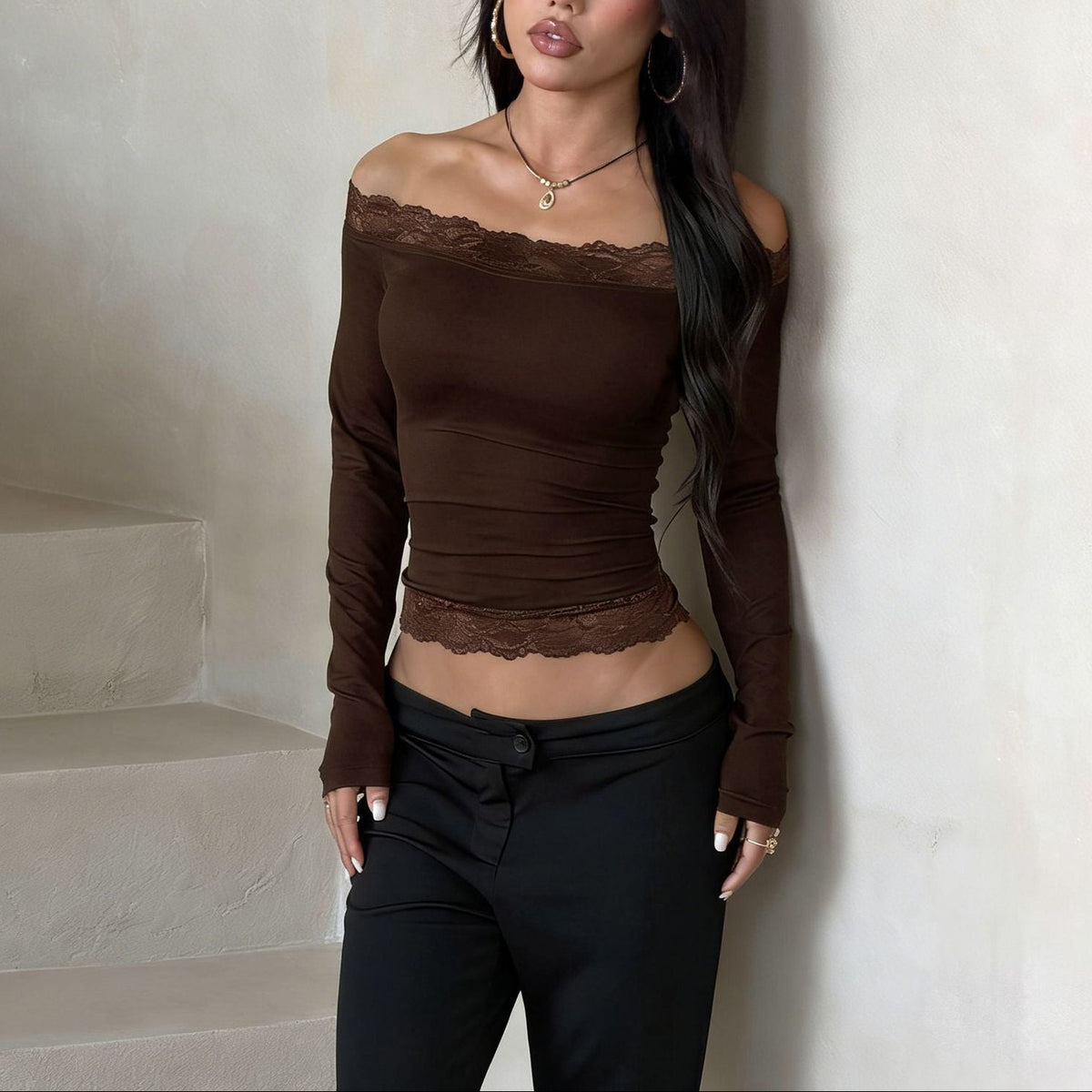 Sexy Off Shoulder Lace Crop Top Long Sleeve Fitted