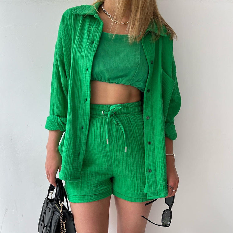 Women's Textured Shirt & Drawstring Shorts Matching Set