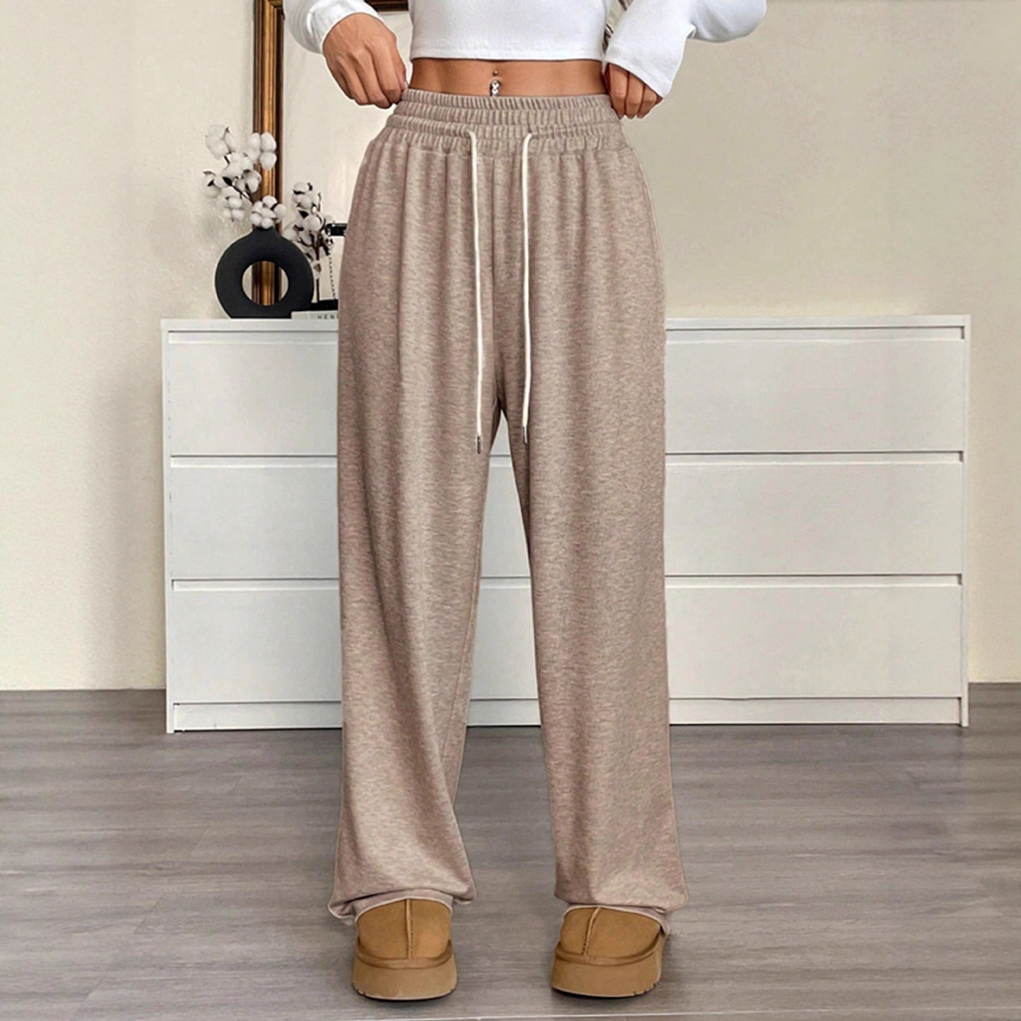 High Waisted Wide Leg Drawstring Pants Pockets