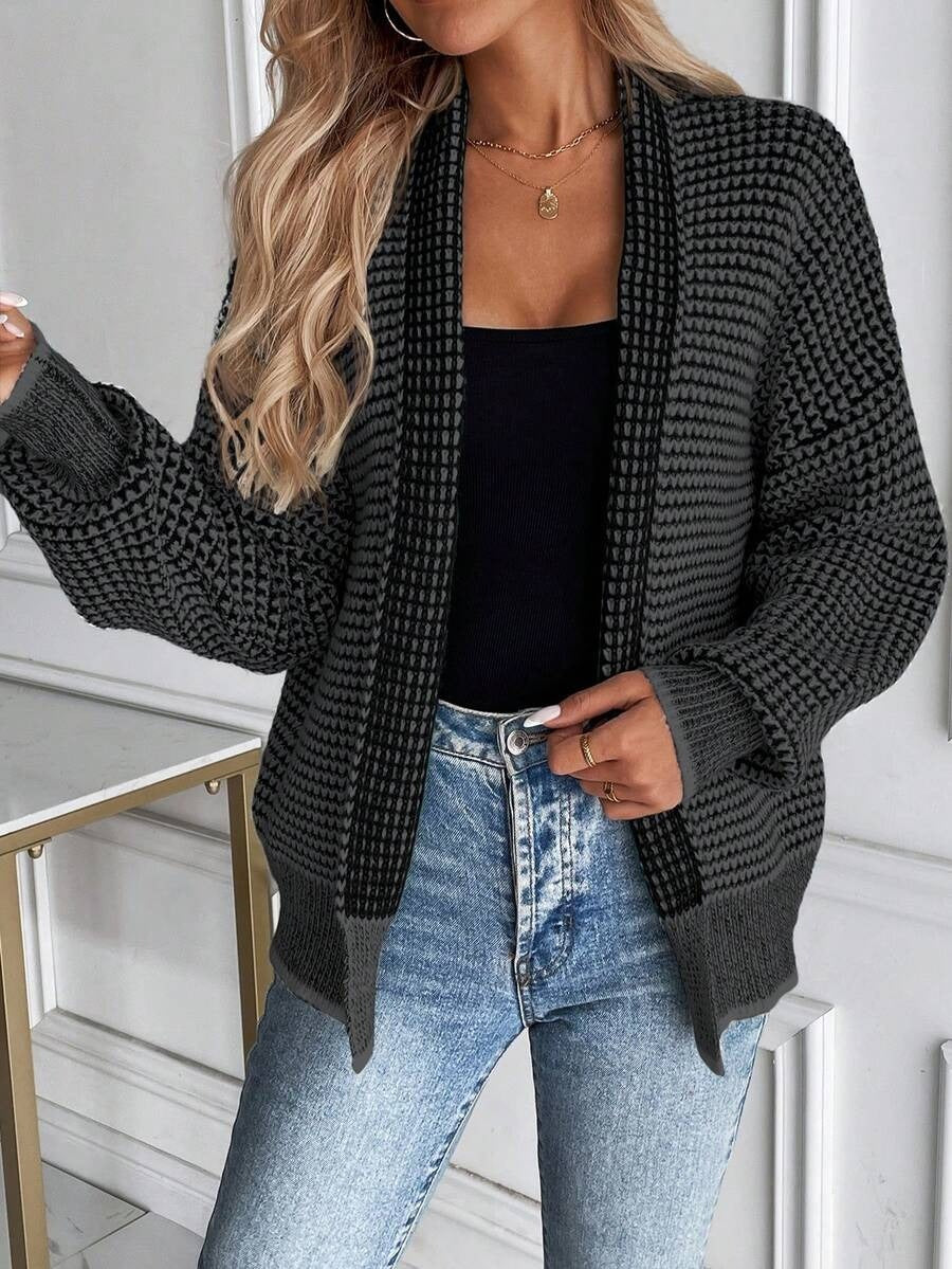 Women's Houndstooth Chunky Knit Open Front Cardigan