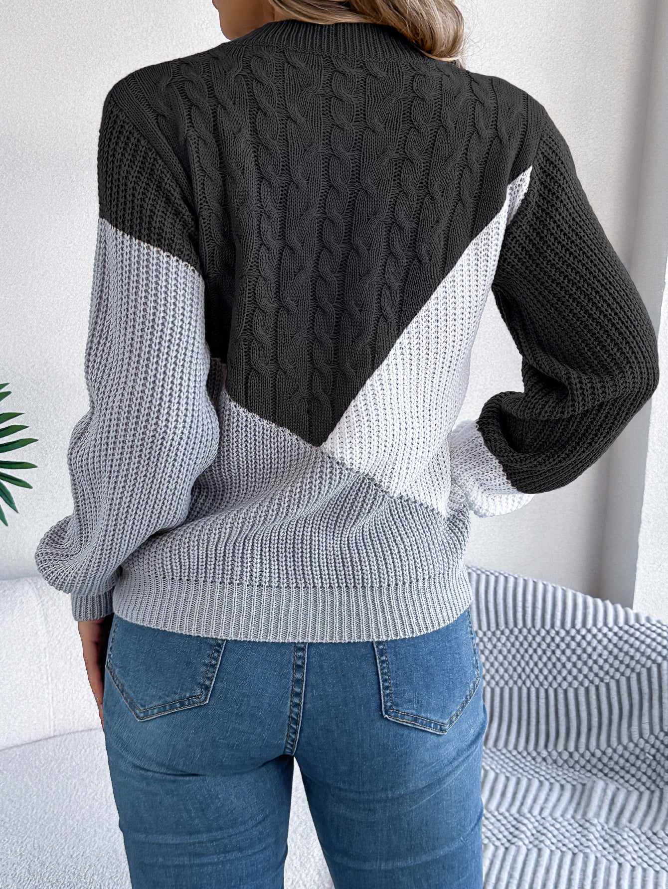 Colorblock Cable Knit Sweater – Casual Fall Winter Pullover