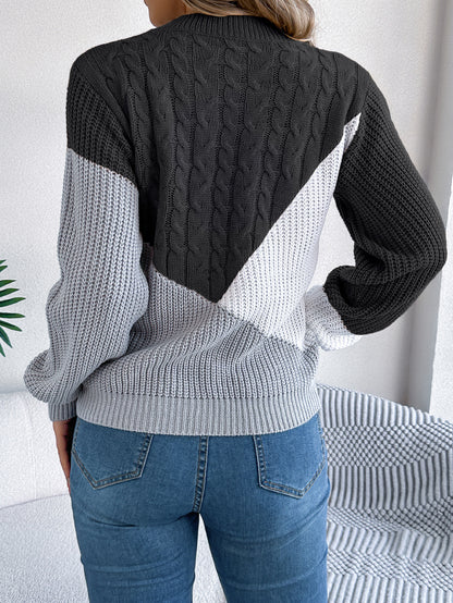 Colorblock Cable Knit Sweater – Casual Fall Winter Pullover
