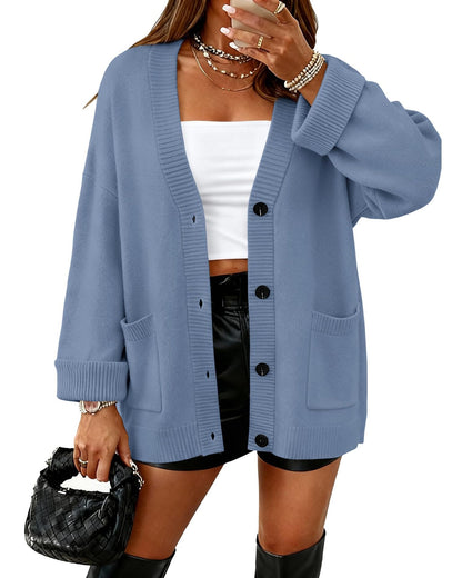 Oversized V Neck Button Knit Cardigan with Pockets