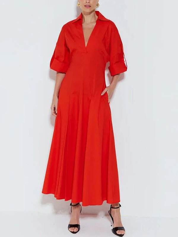 Cotton Shirt Maxi Dress Flowy Elegant Pockets