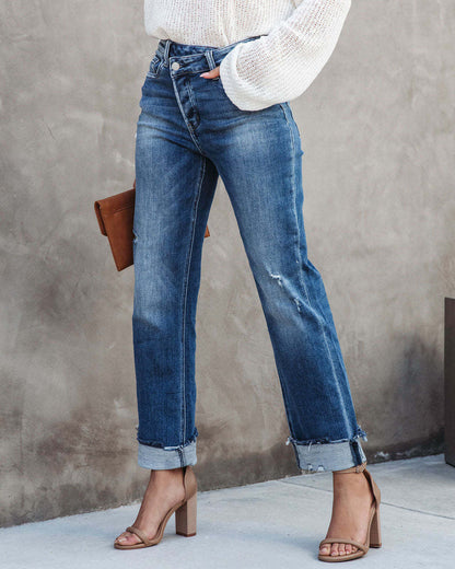 Women's Straight Leg Jeans Mid Rise Distressed Denim