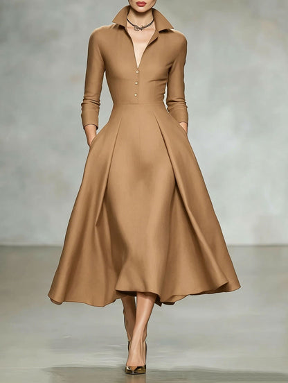 Women's Collared V Neck Long Sleeve Midi Shirt Dress